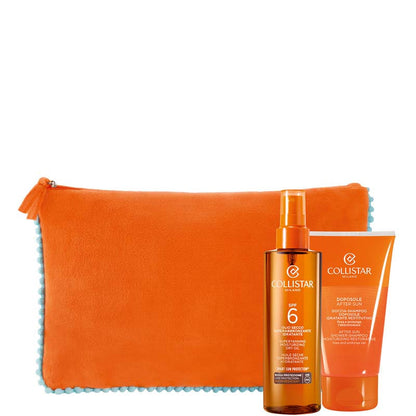 Olio Secco Superabbronzante Idratante SPF 6 Confezione 200 ML Olio Secco SPF 6 + 150 ML Doccia-Shampoo Doposole + Pochette