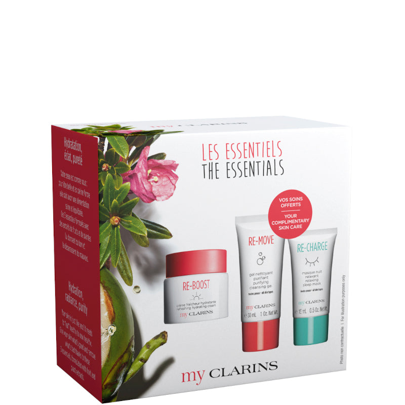 My Clarins - RE-BOOST Créme fraicheur Hydratante Tutti i tipi di Pelle Confezione 50 ML Crema Viso Giorno + 30 ML Gel Detergente Viso + 15 ML Maschera Viso Notte