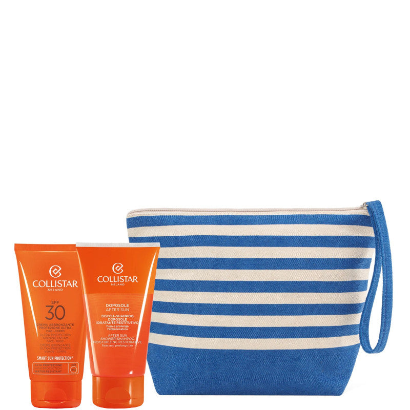 Crema Abbronzante Protezione Ultra Viso / Corpo SPF 30 Confezione 150 ML Crema Abbronzante SPF 30 + 150 ML Doccia-Shampoo + Pochette