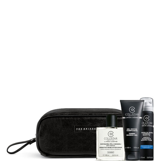 Dopobarba Pelli Sensibili Anti Rossore + The Bridge Dopobarba Pelli Sensibili 100 ml + Gel Doccia Tonificante 100 ml + Schiuma da Barba Pelli Sensibili 75 ml + Travel Bag uomo The Bridge nera