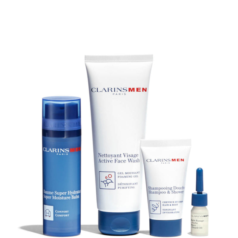 Baume Super Hydratant - Clarins Men Cofanetto 50 MLBalsamo Viso +  30 ML Shampoo e Gel Doccia + 125 ML Detergente Viso + 3 ML Olio Barba