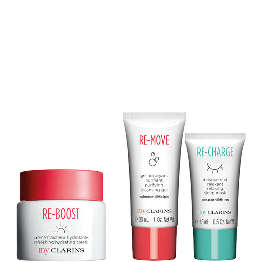 My Clarins - RE-BOOST Créme fraicheur Hydratante Tutti i tipi di Pelle Confezione 50 ML Crema Viso Giorno + 30 ML Gel Detergente Viso + 15 ML Maschera Viso Notte