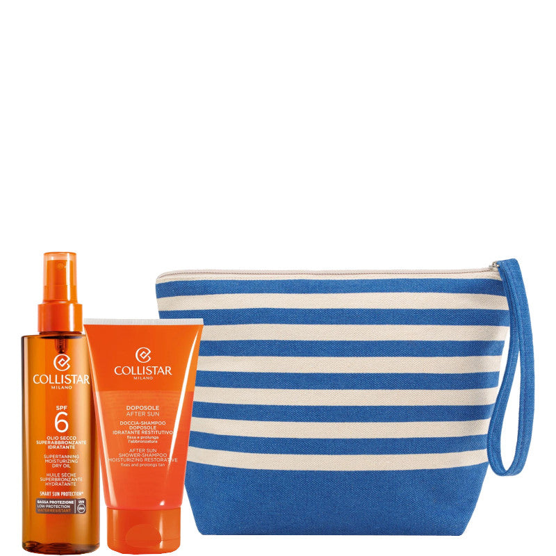 Olio Secco Superabbronzante Idratante SPF 6 Confezione 200 ML Olio Spray SPF 6 + 150 ML Doccia-Shampoo + Pochette