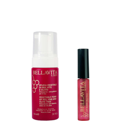 Priscus & Olio Evo - Spuma Vegetale di Iris, Vite e Olivo Confezione 100 ML Detergente Mousse Viso + Lip Gloss Effetto Volume