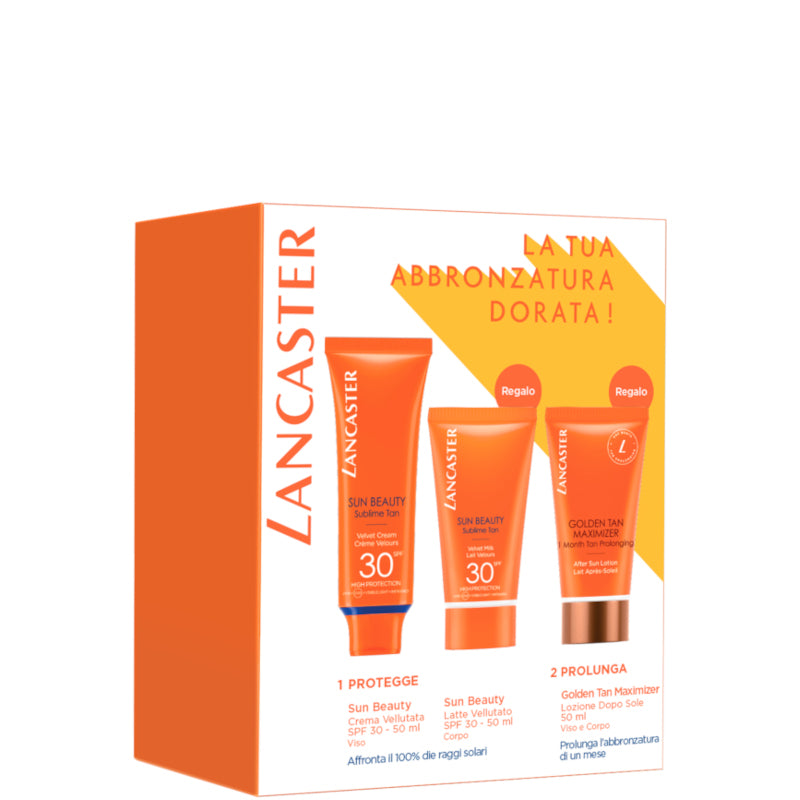 Sun Beauty - Velvet Cream Face SPF 30 - Travel Kit VISO + CORPO + DOPOSOLE 50 ML Sun Beauty - Velvet Cream Face SPF 30 + 50 ML Sun Beauty Velvet Milk SPF 30 + 50 ML Golden Tan Maximizer After Sun Lotion