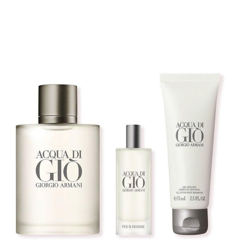 Acqua Di Gio' Pour Homme Confezione 100 ML Eau de Toilette + 15 ML Travel Spray eau de Toilette + 75 ML Gel Doccia
