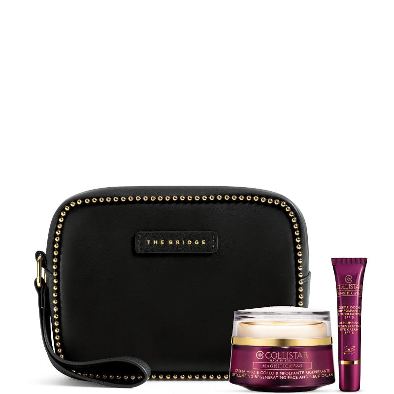 Magnifica Plus Crema Viso Rimpolpante Rigenerante + The Bridge Magnifica Plus - Crema Viso e Collo Rimpolpante Rigenerante 50 ml + Crema Contorno Occhi Rimpolpante Rigenerante 8,5 ml + Pochette grande The Bridge nera