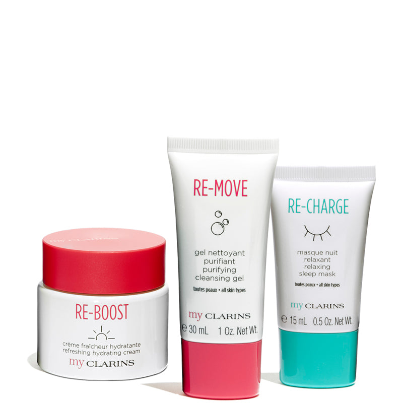 My Clarins - RE-BOOST Créme fraicheur Hydratante - Tutti i tipi di Pelle Confezione 50 ML Crema Viso + 15 ML Maschera Notte Viso + 30 ML Detergente Viso