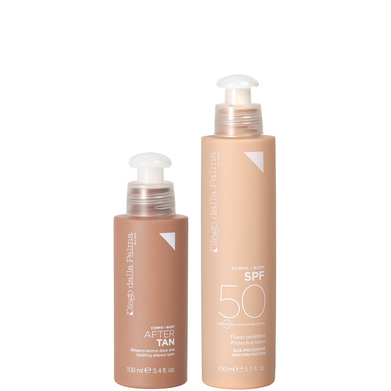 KIT CORPO SPF50 150 ML Fluido protettivo SPF 50 + 100 ML Balsamo Lenitivo Doposole + Mesh Summer Bag