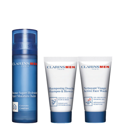 Baume Super Hydratant Confezione - Clarins Men 50 ML Balsamo Viso + 30 ML Gel Detergente Viso + 30 ML Doccia Shampoo